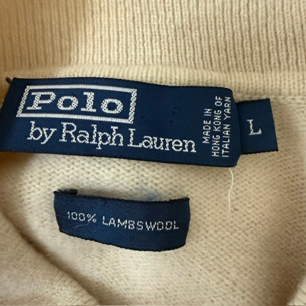 VINTAGE Polo Ralph Lauren 100% Lambswool Polo Sweater Italian Yarn Cream Large - Picture 5 of 11